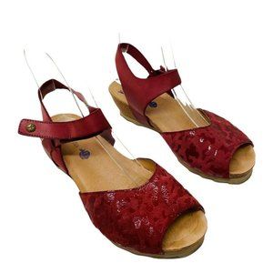 Wanda Panda Biel Red Leather Wedge Sandals Sz 37 6